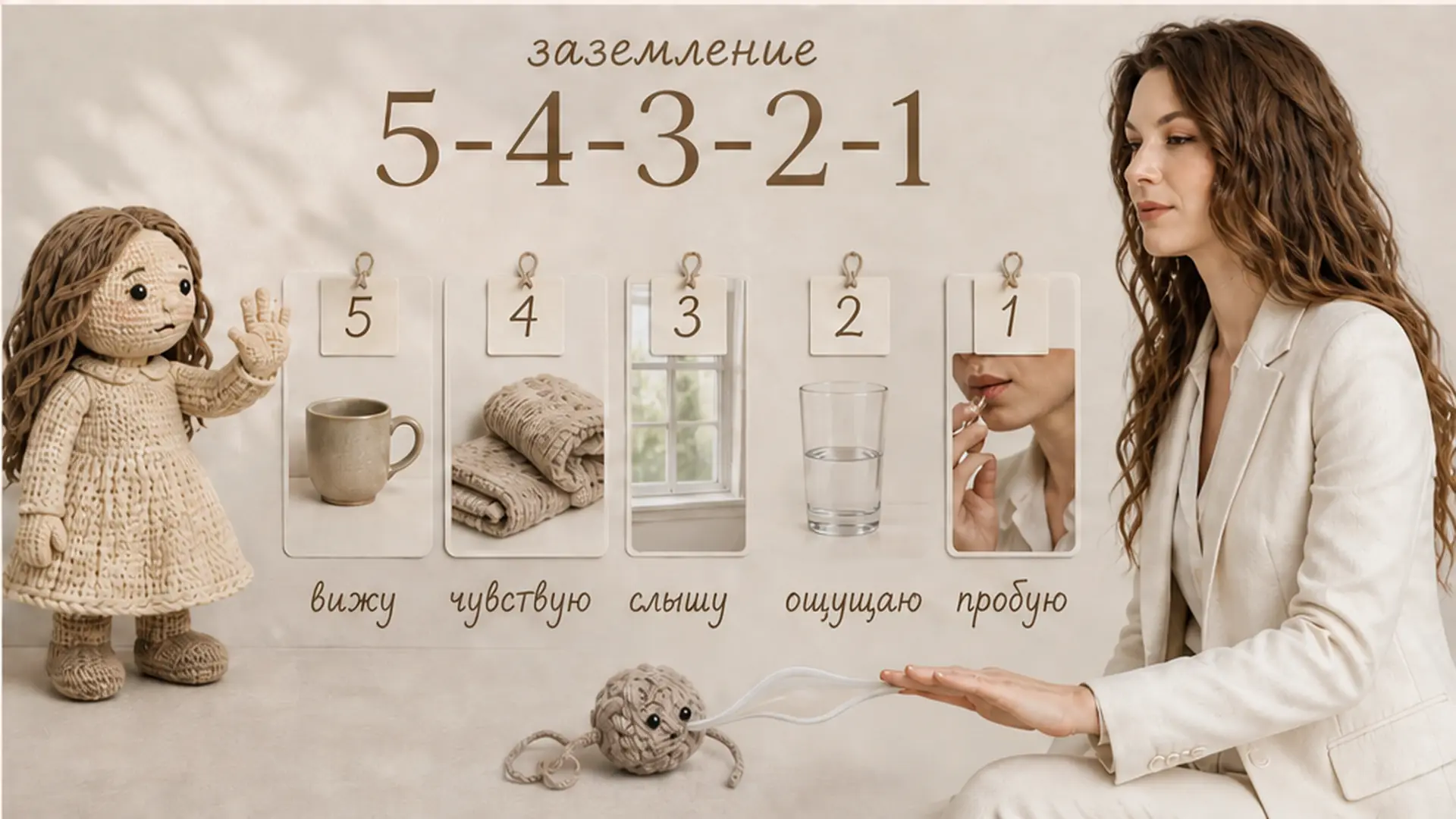 Заземление 5-4-3-2-1: вижу, чувствую, слышу, ощущаю, пробую - с Анжеликой Хандогиной и вязаными куклами